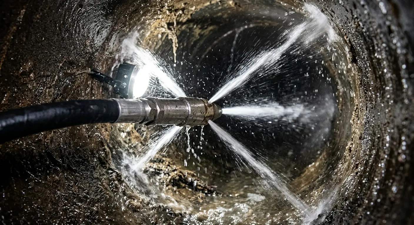High-pressure hydro jetting nozzle cleaning sewer pipe for Trenchless Sewer Repair in Mead