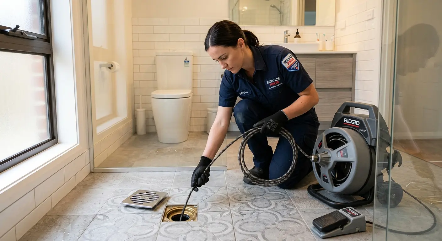 Technician clearing a bathroom floor drain for Clogged Drain Repair in Mead
